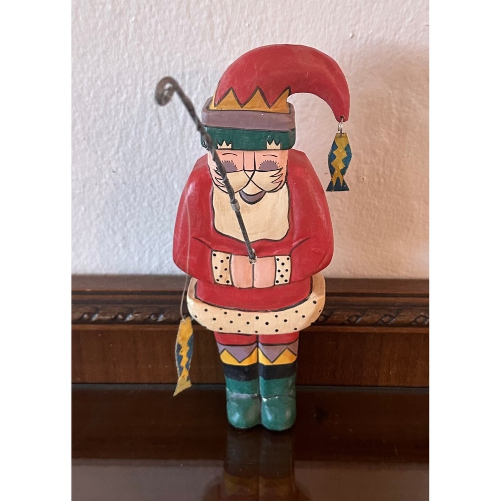 Vintage Hand Painted Wooden‎ Fishing Santa Figurine Folk Art Christmas Decor